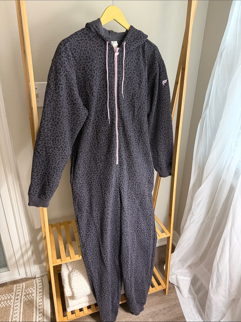 Fabletics Black Leopard Print Hooded Jumpsuit with Pink Drawstrings